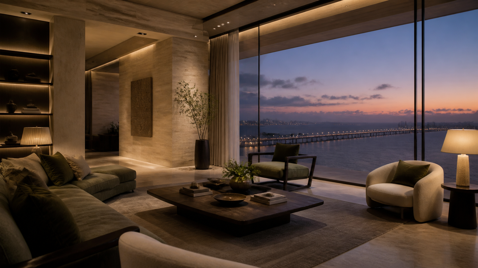 Conceptual sea-facing residence living room at twilight
